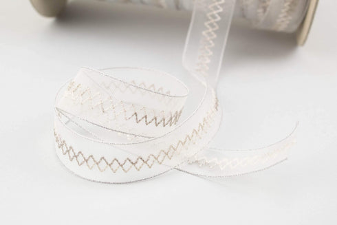 Off White and Gray Translucent Mesh Chevron Trim Nylon and Metal Rare Italian Made x 5 yards ATN00975